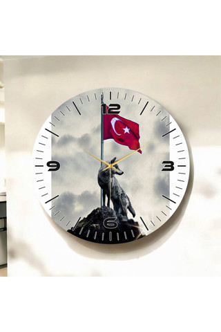 Aa Shop Renkli Baskı Türk Bayrağı ve Bozkurt Desenli Sayılı Yılbaşı Hediyelik Ahşap Sessiz Tablo Duvar Saati