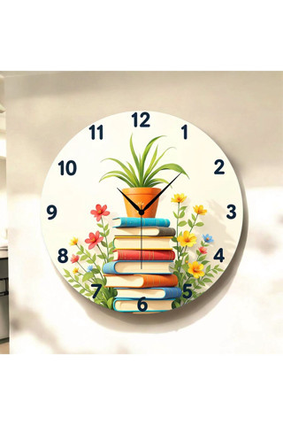 Aa Shop Kitap Kütüphane Öğretmen Renkli Baskı Desenli Sayılı Hediyelik Ahşap Sessiz Tablo Duvar Saati