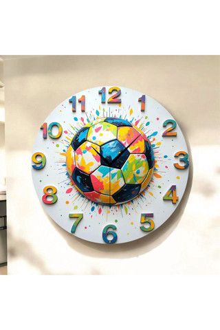 Aa Shop Futbol Top Renkli Baskı Desenli Sayılı Yılbaşı Hediyelik Ahşap Sessiz Tablo Duvar Saati