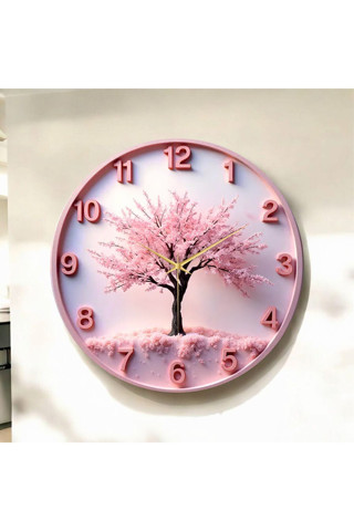 Aa Shop Pembe Renkli Baskı Ağaç Doğa Desenli Sayılı Yılbaşı Hediyelik Ahşap Sessiz Tablo Duvar Saati
