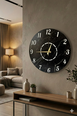 Aa Shop Mermer Desenli Ahşap Siyah Sade Modern Sayılı Salon Ofis Hediyelik Büyük Boy Sessiz Duvar Saati 50cm