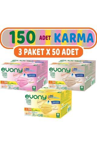 Evony 3 Katlı Filtreli Burun Telli Cerrahi Maske 150 Li Set Karma Small/Medium (Sarı/Pembe/Bej)