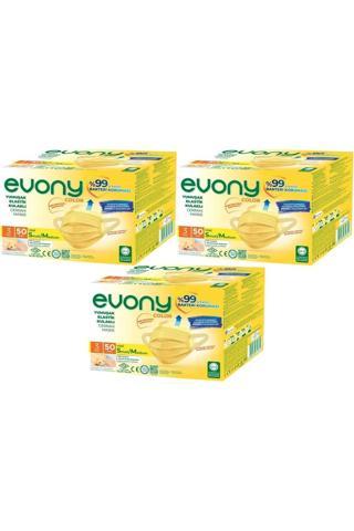 Evony 3 Katlı Filtreli Burun Telli Cerrahi Maske 150 Li Set Small/Medium Sarı 160 x 90Mm (3Pk x 50)