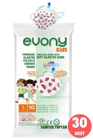 Evony Kids Karpuz Desenli Elastik Kulaklıklı Cerrahi Çocuk Maskesi 10 Lu 3 Paket 30 Adet