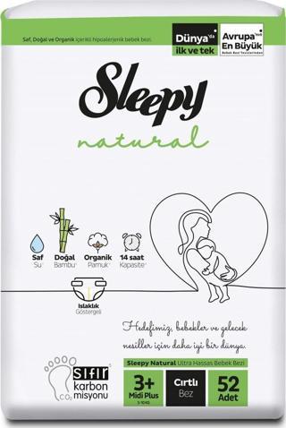 Sleepy Natural 2'li Jumbo Bebek Bezi Midi Plus 3+ Numara 52 Adet 5-10 Kg