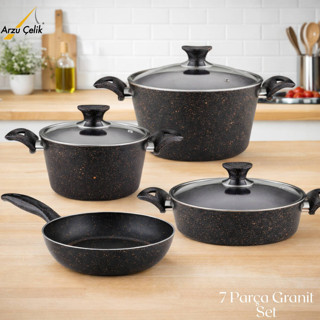 7 Parça Granit Set Cam Kapak - Siyah
