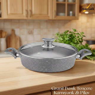 Arzu Çelik 28 Cm Granit Karnıyarık & Pilav Tenceresi Cam Kapak - Gri