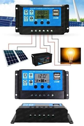 10 Amper Güneş Paneli Akü Şarj Kontrol Cihazı 12-24 V Çift Usb