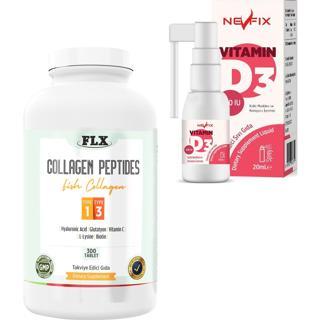 Flx Collagen Peptıdes Type 1-3 1000 Mg 300 Tablet + Nevfix Vitamin D3 400 Iu 20 ml Sprey