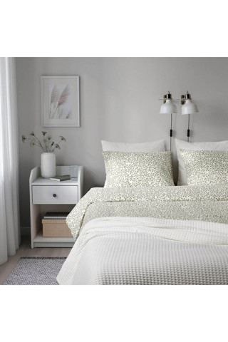 Ikea Çift Kişilik Nevresim Seti, Beyaz-Yeşil, 240X220/50X60 Cm