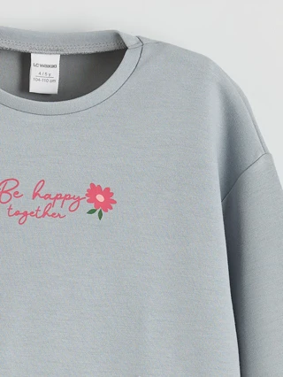Gri Bisiklet Yaka Kız Çocuk Soft Touch Sweatshirt ve Pantolon