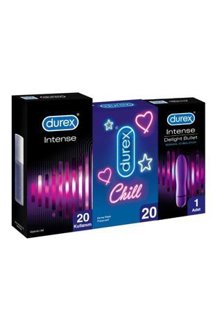 Durex Chill Prezervatif 20’li +Durex Delight Bullet Titreşimli Vibratör +Intense Uyarıcı Jel, 10 ml