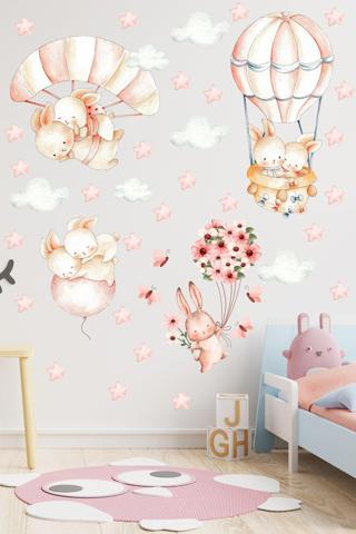 Sulu Boya Balonla Uçan Sevimli Tavşanlar Çocuk Odası Duvar Sticker Seti