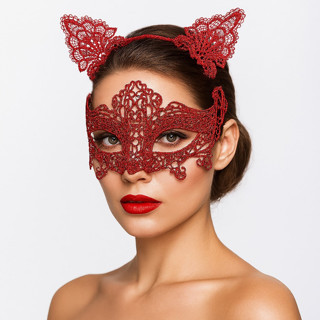 Lunaev Romantik Kırmızı Dantel Maske Seti – Kedi Kulaklı Taç ve Maske 3 No
