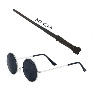 Lunaev Harry Potter Asası 30 cm ve Siyah Metal Çerçeveli Harry Potter Gözlüğü Seti Parti Kostümü