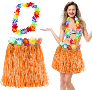 Lunaev Hawaii Luau Aloha Turuncu Püsküllü 40 cm Etek ve Hawaii Kolye Seti Parti Aksesuarları