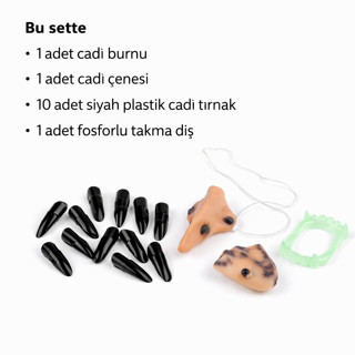 Lunaev Cadı Aksesuar Seti – Burun, Çene, Fosforlu Diş ve 10 Adet Siyah Tırnak Parti Aksesuarları