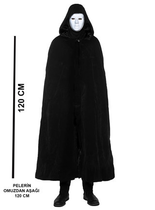 Lunaev Siyah Kapüşonlu 120 cm Pelerin ve Beyaz Boyanabilir Tam Yüz Maske