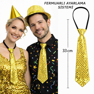 Lunaev Altın Renk Pul Payetli Işıltılı Parti Kravatı 33 cm
