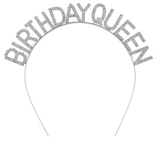 Lunaev Gümüş Renk Kristal Taşlı Parlak Birthday Queen Yazılı Kraliçe Taç 16x17 cm Parti Kostümü