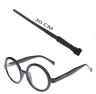 Lunaev Harry Potter Asası 30 cm ve Siyah Çerçeveli Harry Potter Gözlüğü Seti Parti Kostümü