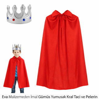 Lunaev Çocuk Boy Kral Pelerini 90 cm ve Yumuşak EVA Kral Tacı Gümüş Renk Parti Kostümü