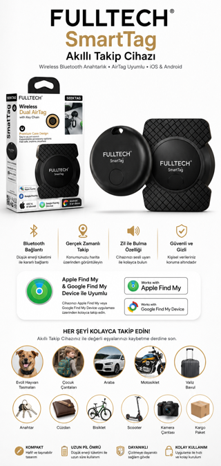 FULLTECH SmartTag Akıllı Takip Cihazı | iOS & Android Uyumlu Bluetooth GPS