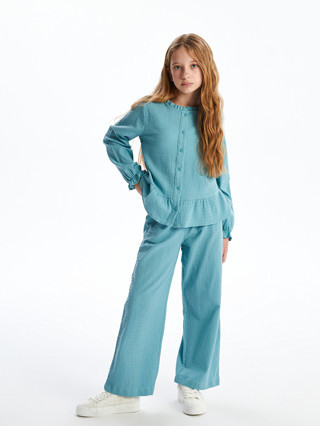 LCW Kids Yeşil Beli Lastikli Dokulu Kız Çocuk Pantolon