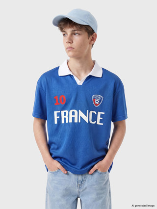 LCW Kids Mavi Polo Yaka Fransa Baskılı Erkek Çocuk Tişört