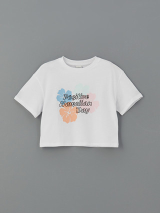 LCW Kids Beyaz Bisiklet Yaka Hawaiian Baskılı Kız Çocuk Tişört