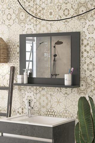 60x45 Cm Modena Banyo Rafı Lavabo Rafı Aynalı Raf Banyo Aynası Antrasit