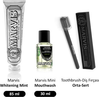Marvis Whitening Mint Diş Macunu 85 ml Diş Fırçası Medium Konsantre 30 ml Gargara