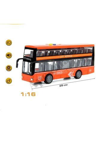 Sürtmeli Işıklı ve Sesli 1:16 Ölçek İki Katlı Turist Otobüsü - Oyuncak Açılır Kapanır Kapılı Otobüs (Turuncu)