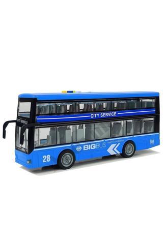 Sürtmeli Işıklı ve Sesli 1:16 Ölçek İki Katlı Turist Otobüsü - Oyuncak Açılır Kapanır Kapılı Otobüs (Mavi)