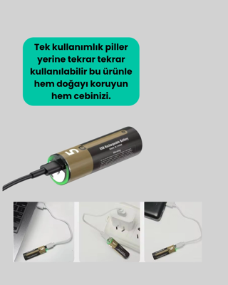 zenvia Usb Type-c Girişli Şarjlı Aa Lityum Pil | 1.5v Sabit Çıkış | 3200mwh (2'li Paket) znv2