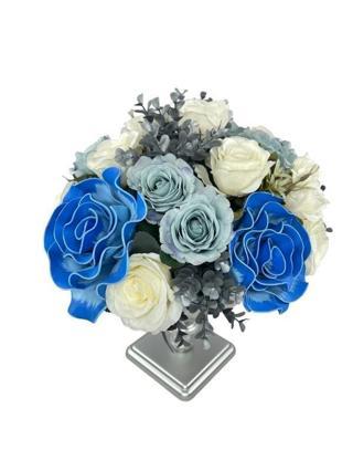 Netten Evime Yapay Çiçek Aranjmanı Mavi Tonlar Metal Vazolu Masa Üstü Çiçeği Arajman