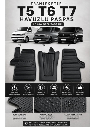 Black Gold Volkswagen Transporter T5 T6 T7 Havuzlu Oto Paspas 3 Parça Araca Özel Siyah Kaymaz Su Geçirmez
