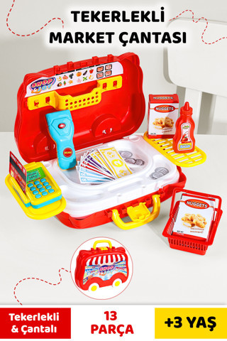 Meleni Toys 13 Parça Tekerlekli Oyuncak Market Seti - Çantalı Aksesuarlı Yazar Kasalı Çocuk Market Oyunu