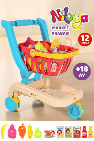 Meleni Toys 12 Parça Niloya Market Arabası - Oyuncak Meyve Sebze Atıştırmalık Çıkarılabilir Alışveriş Sepeti