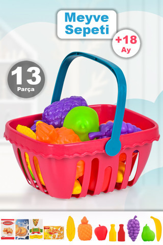 Meleni Toys 13 Parça Oyuncak Market Sepeti - Kulplu Meyve Sebze Atıştırmalık Alışveriş Sepeti
