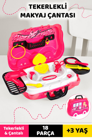Meleni Toys 18 Parça Tekerlekli Oyuncak Kuaför Seti - Çantalı Makyaj Aksesuarlı Çocuk Meslek Oyunu