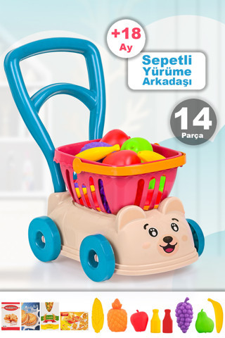 Meleni Toys 14 Parça Market Sepetli Yürüme Arkadaşı - İlk Adım Arabası Meyve Sebze Atıştırmalık Alışveriş Sepeti