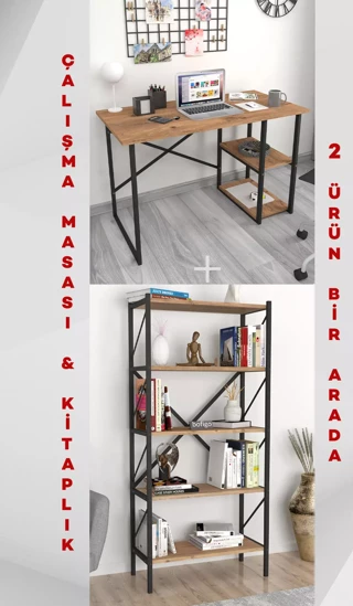 2 Raflı Çalışma Masası Bilgisayar Masası Ofis Ders Masası + 5 Raflı Kitaplık Metal Kitaplık Çam
