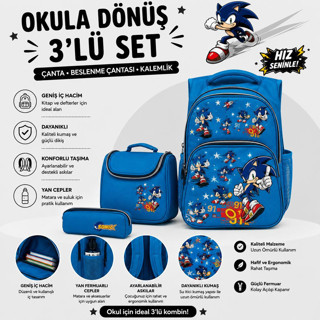 Bcburkay çanta SONIC DESENLİ Açık Mavi Üçlü Erkek Çocuk İlkokul Çantası + Termal Beslenme Çantası + Kalemlik