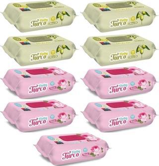 Baby Turco Islak Havlu Mendil 90 Yaprak Karma 9 Lu Set (gül/zeytinyağı) 810 Yaprak Plastik Kapaklı