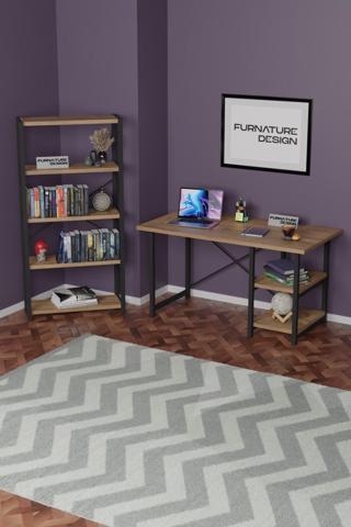 Dekoratif Metal Kitaplık 5 Raflı + 60x120 cm Çalışma Masası Atlantik Çam