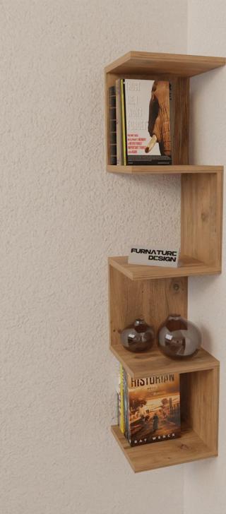 Zigzag Köşe Raf Kitaplık Duvar Rafı Atlantik Çam