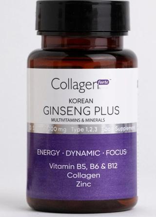 Collagen Forte Platinum Kırmızı Kore Ginseng Plus, Hidrolize Kolajen, Vitamin B5-B6-B12 & Çinko, 1000mg Softjel Kapsül