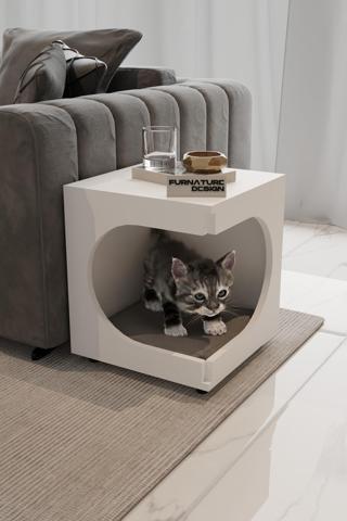 Yataklı Kedi Köpek Evi Sehpa Kedi Yatağı Yan Sehpa Kedi Köpek Yataklı Sehpa Beyaz - Gri Minder