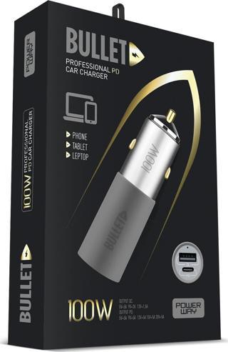 Powerway Bullet 100W Araç Çakmaklık Şarj Cihazı Type-C ve Usb Çıkışlı Profesyonel Turbo Hızlı Şarj